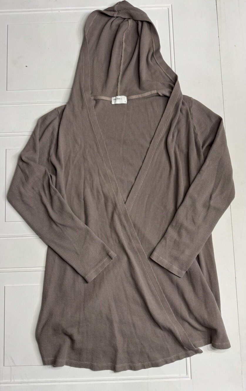 Allen Allen Open Cardigan Womens M Brown Drape Front Hooded Waffle Print Thermal